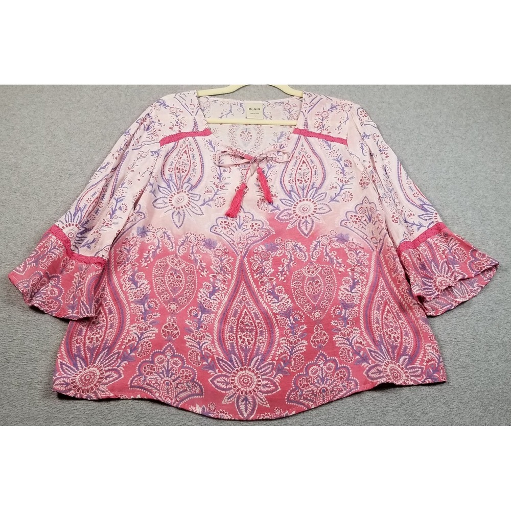 Blair Top Womens L Large Pink Blue Floral Paisley Sheer Boho Bell Sleeve Tassel